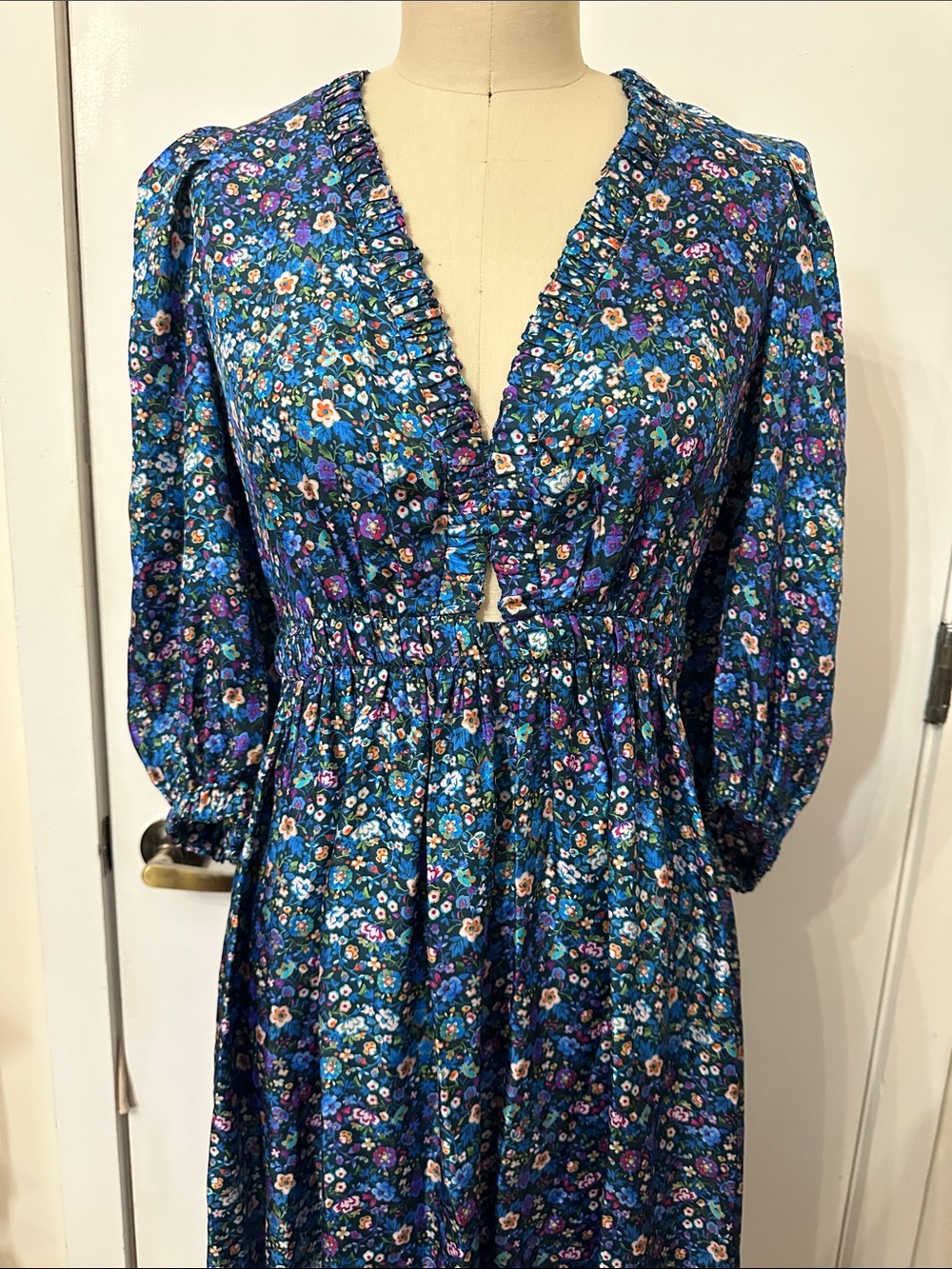 Sandro Blue Floral Maxi Dress with Puff Sleeves - Picture 2 of 14